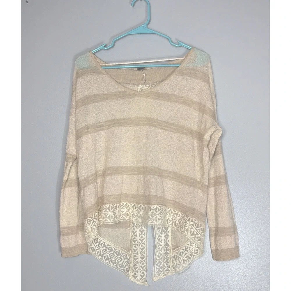 Free People Boho Lace Gauzy Relaxed Split Back Cream Granola Blouse Shirt XS